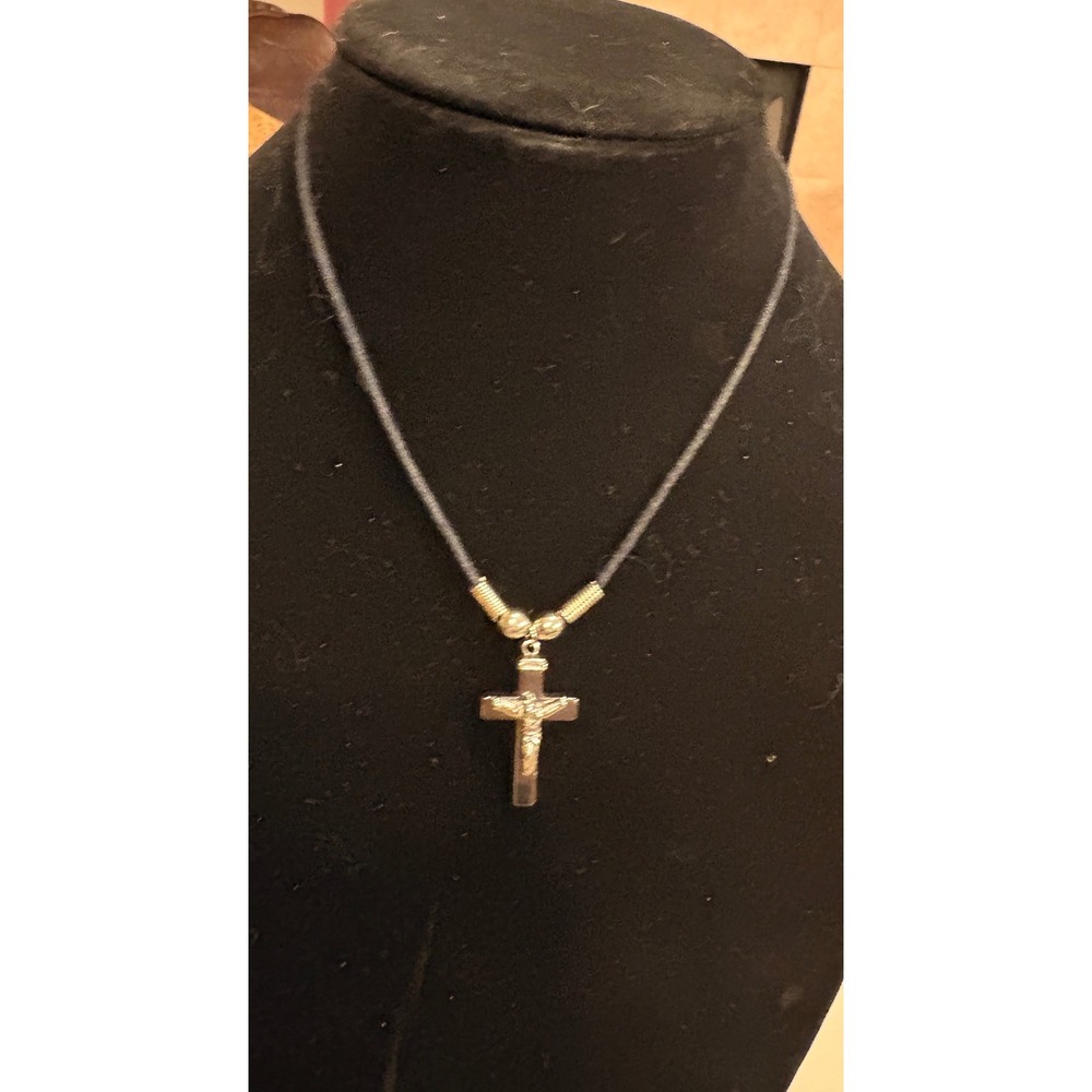 Vintage Silver Tone Crucifix Cross Pendant Black Cord Necklace Unisex Religious